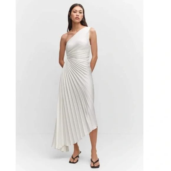 MANGO WHITE ASYMETRICAL PLEATED DRESS